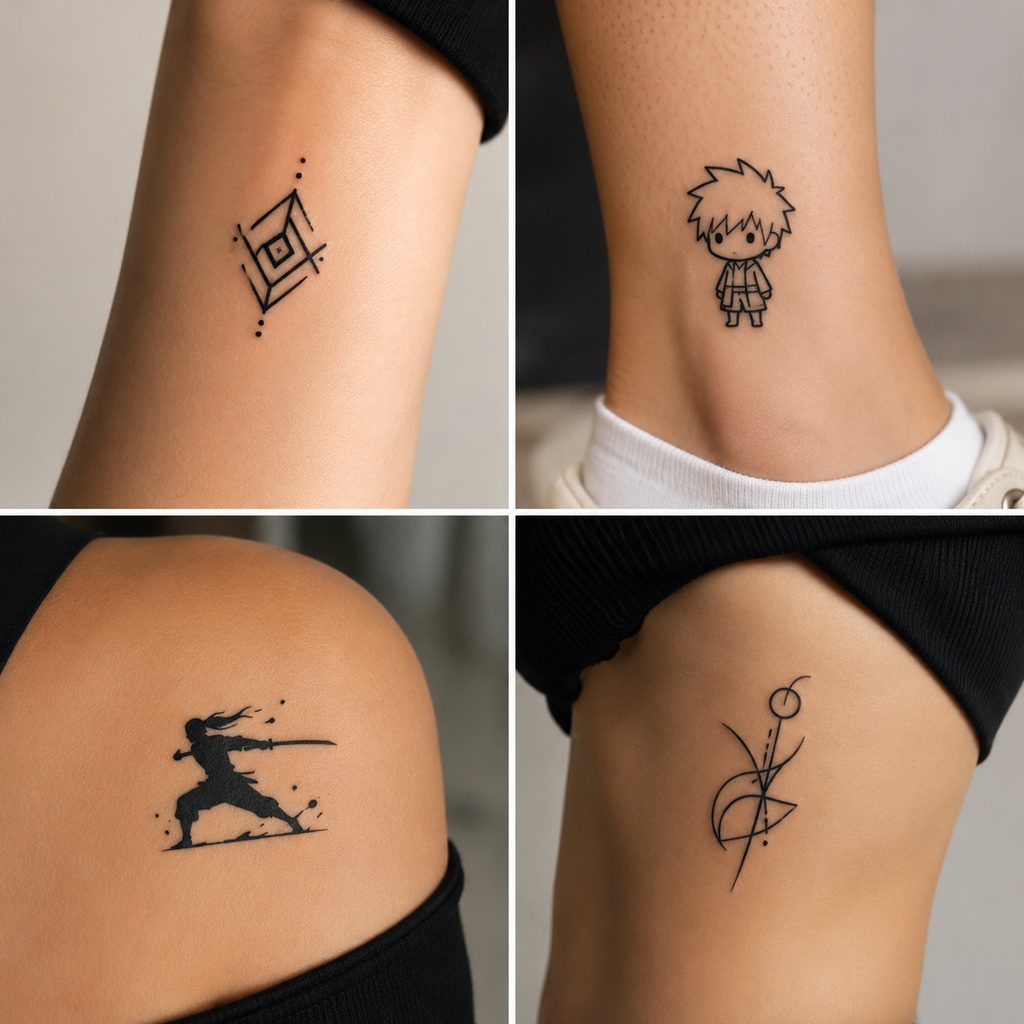 Four small anime-inspired tattoo styles compared: a minimalist geometric symbol on the ankle, a chibi character outline on the ankle, a silhouette action pose on the shoulder, and an abstract linework symbol on the ribs