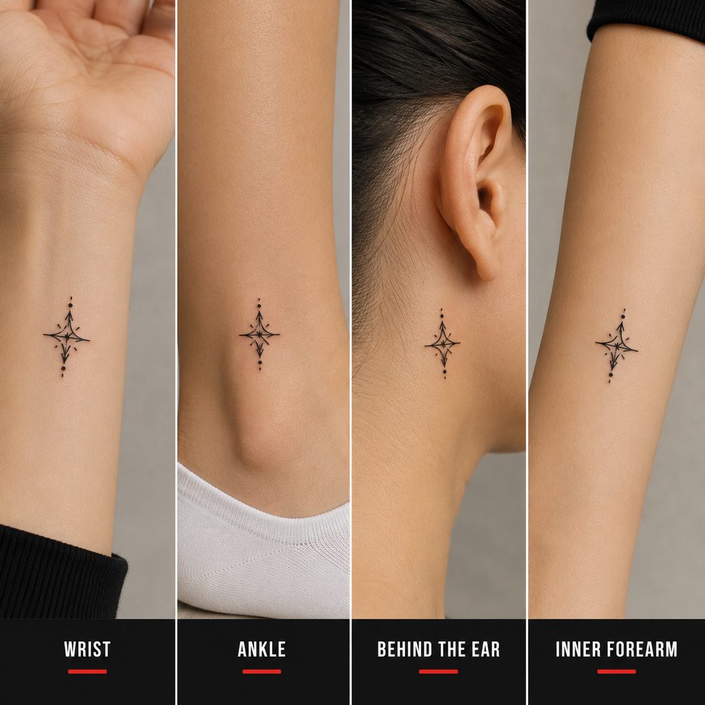 Comparison of small tattoo placements for anime-inspired ink: wrist, ankle, behind the ear, forearm