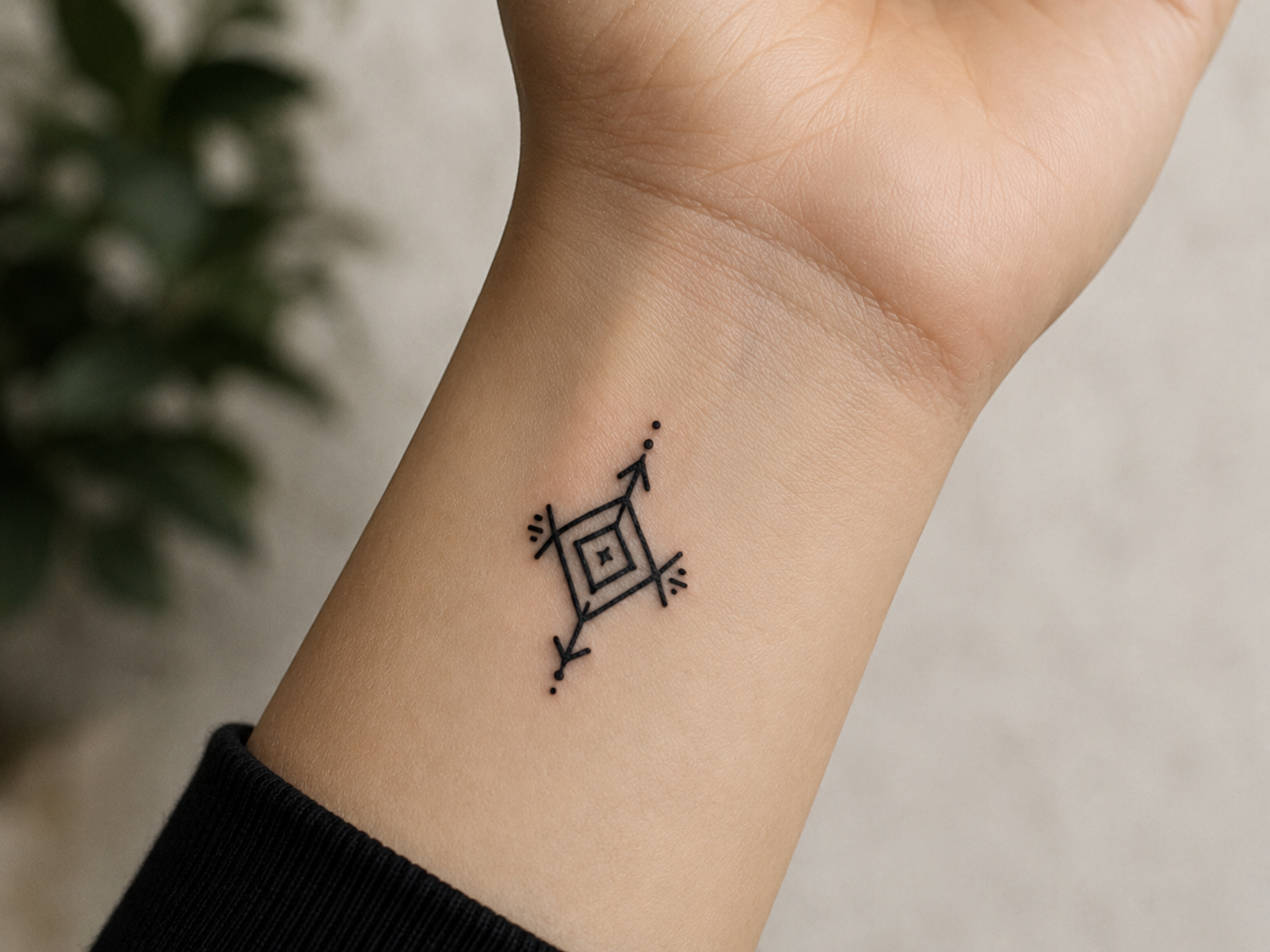 Minimalist black linework anime-inspired symbol tattoo on the inner wrist