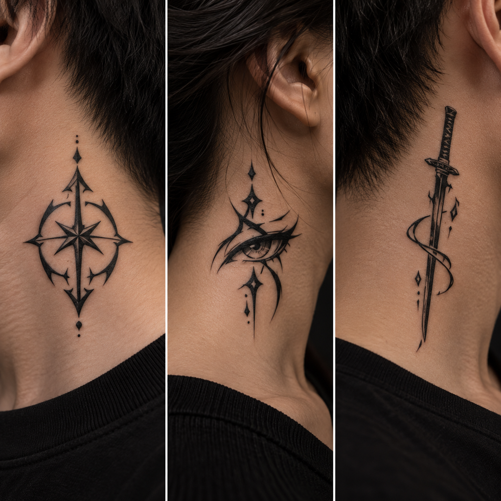 Three small bold anime-inspired tattoo designs shown side by side