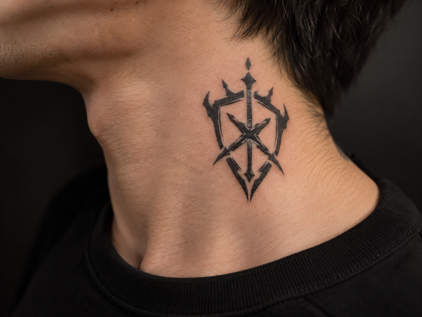 Small bold anime-inspired symbol tattoo on the side of a neck
