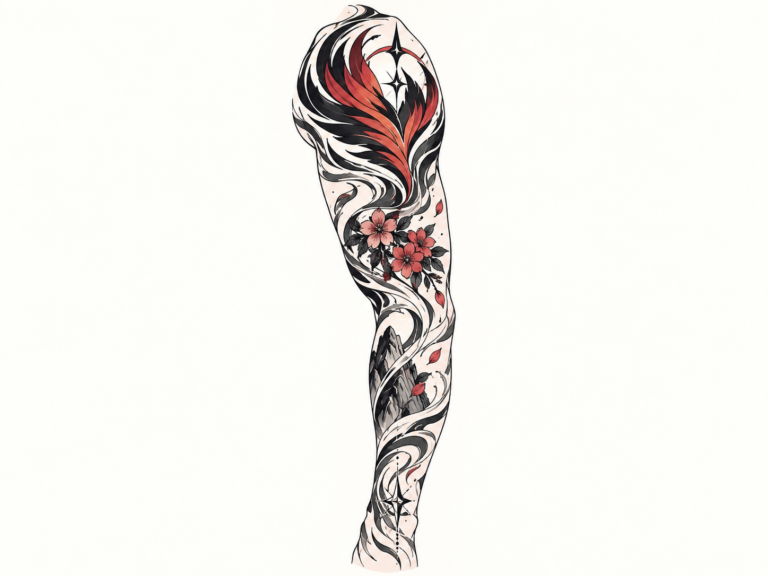 Illustration of an anime-inspired sleeve tattoo composition flowing from shoulder to wrist