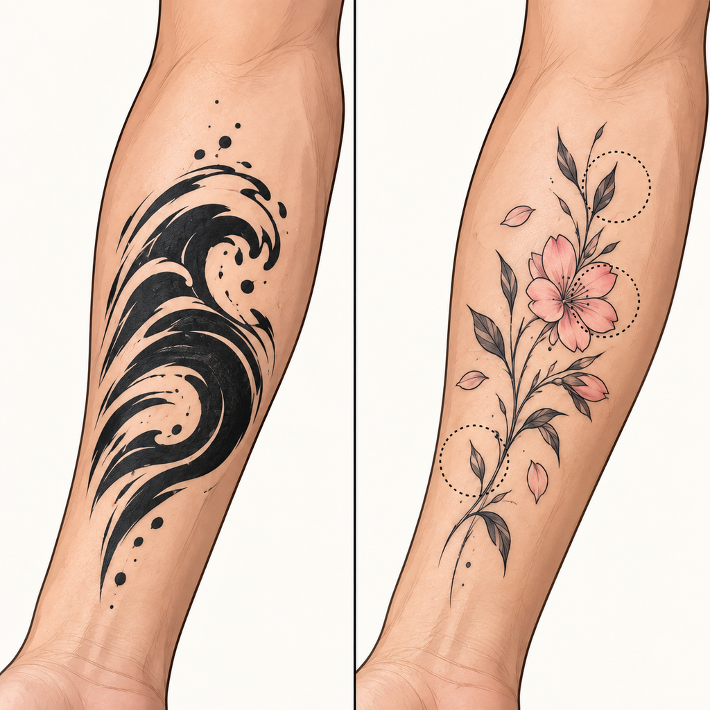Illustration comparing blackwork and fine-line color tattoo healing care
