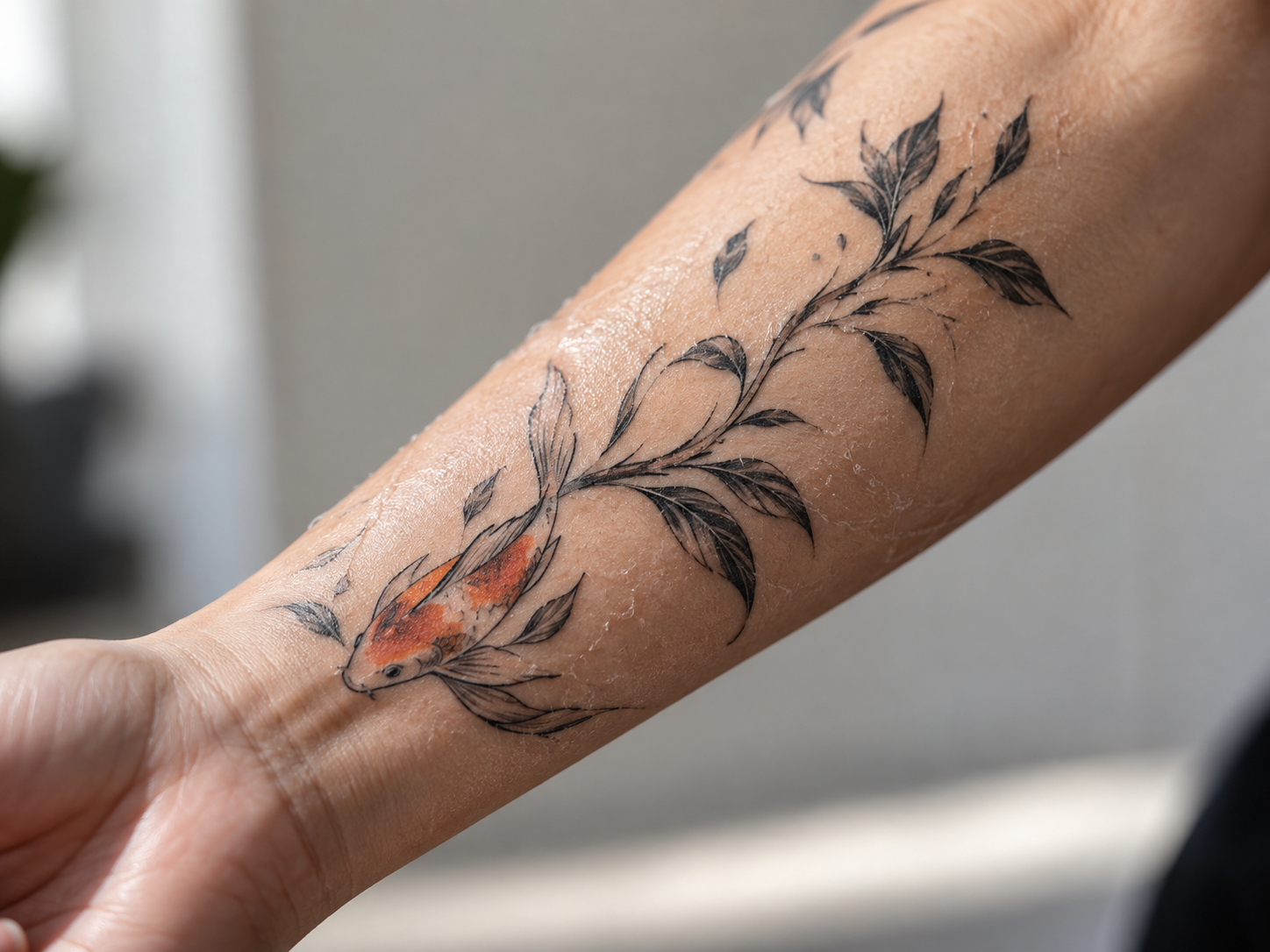 Healing fine-line and color anime-style tattoo on a forearm during aftercare