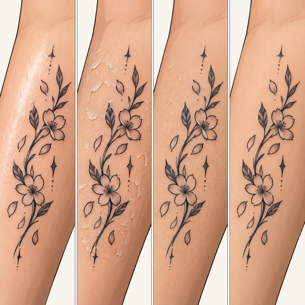 Four-stage illustration of anime tattoo healing progression