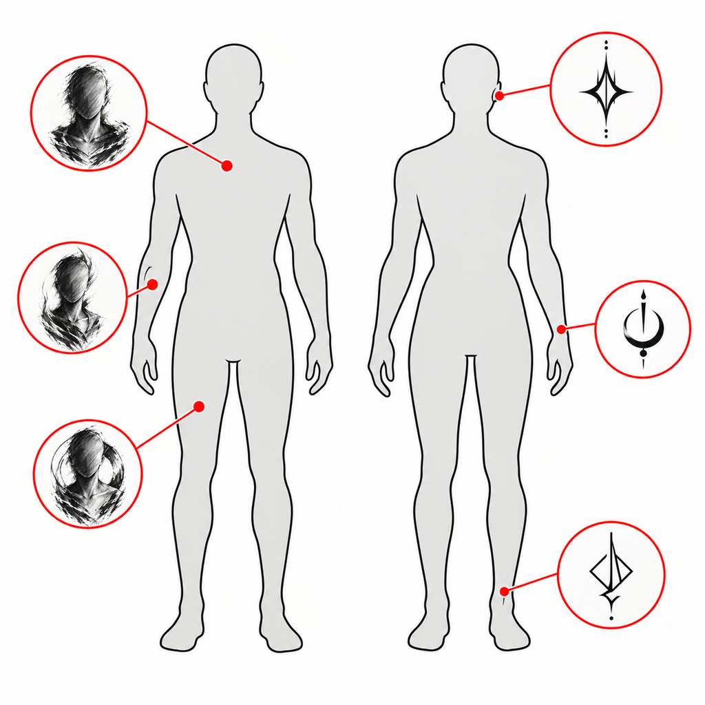 Tattoo placement guide comparing large portrait spots to small symbol spots
