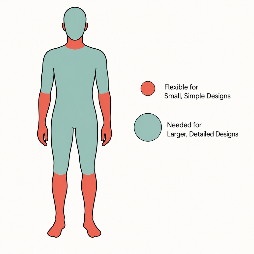 Diagram showing which anime tattoo sizes suit smaller versus larger body placement zones.