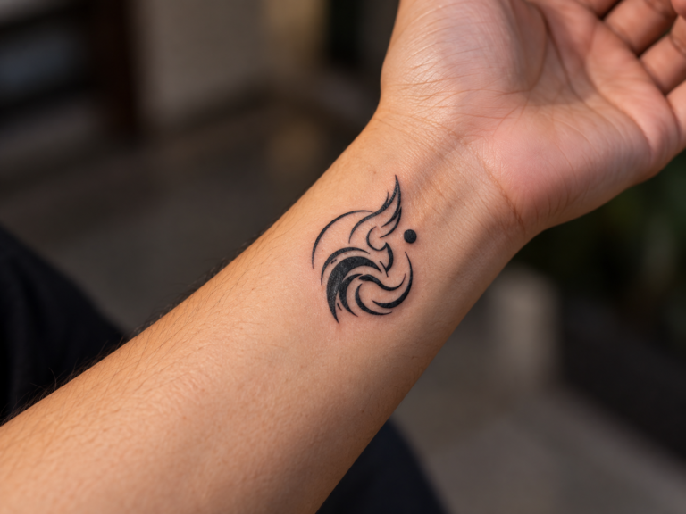 Small black-line anime-inspired symbol tattoo on the inner wrist