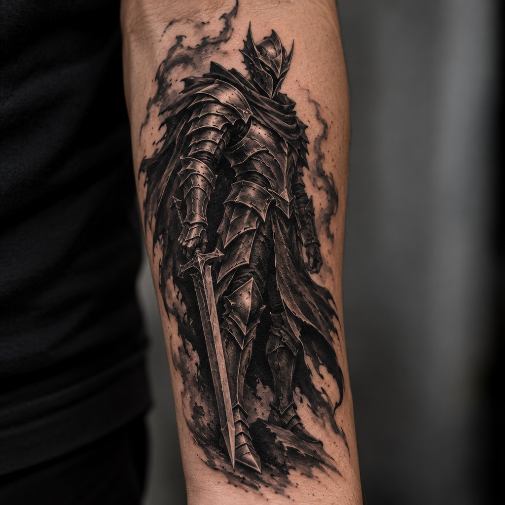 Armored general tattoo design on forearm with structured plate detailing