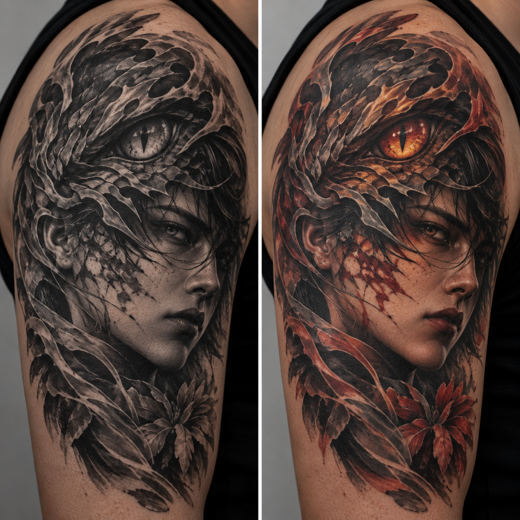 Side-by-side comparison of black-and-grey versus color realism anime tattoo styles