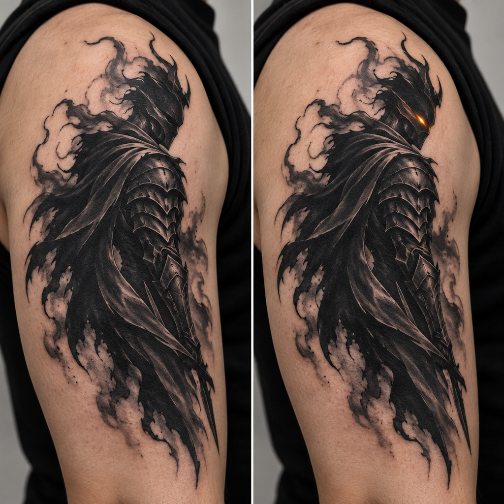 Black-and-grey versus color-accent tattoo execution comparison for shadow-style designs