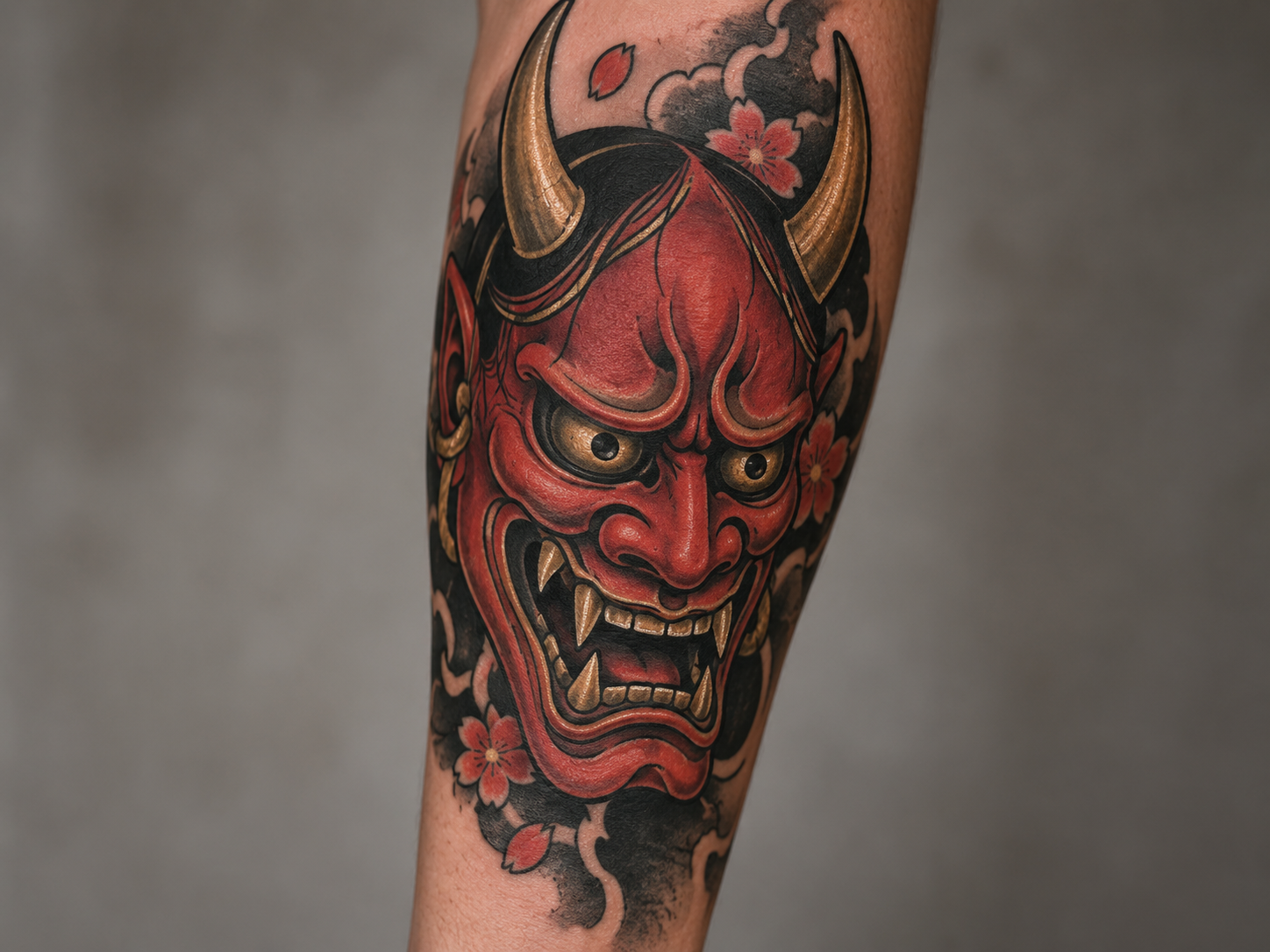 Traditional Hannya mask tattoo in red and black on a forearm