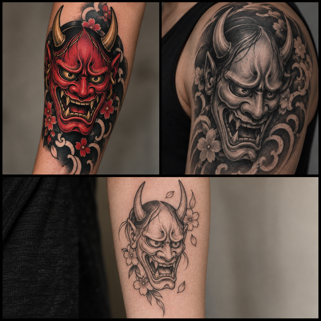Hannya mask tattoo shown in color, black-and-grey, and fine-line styles