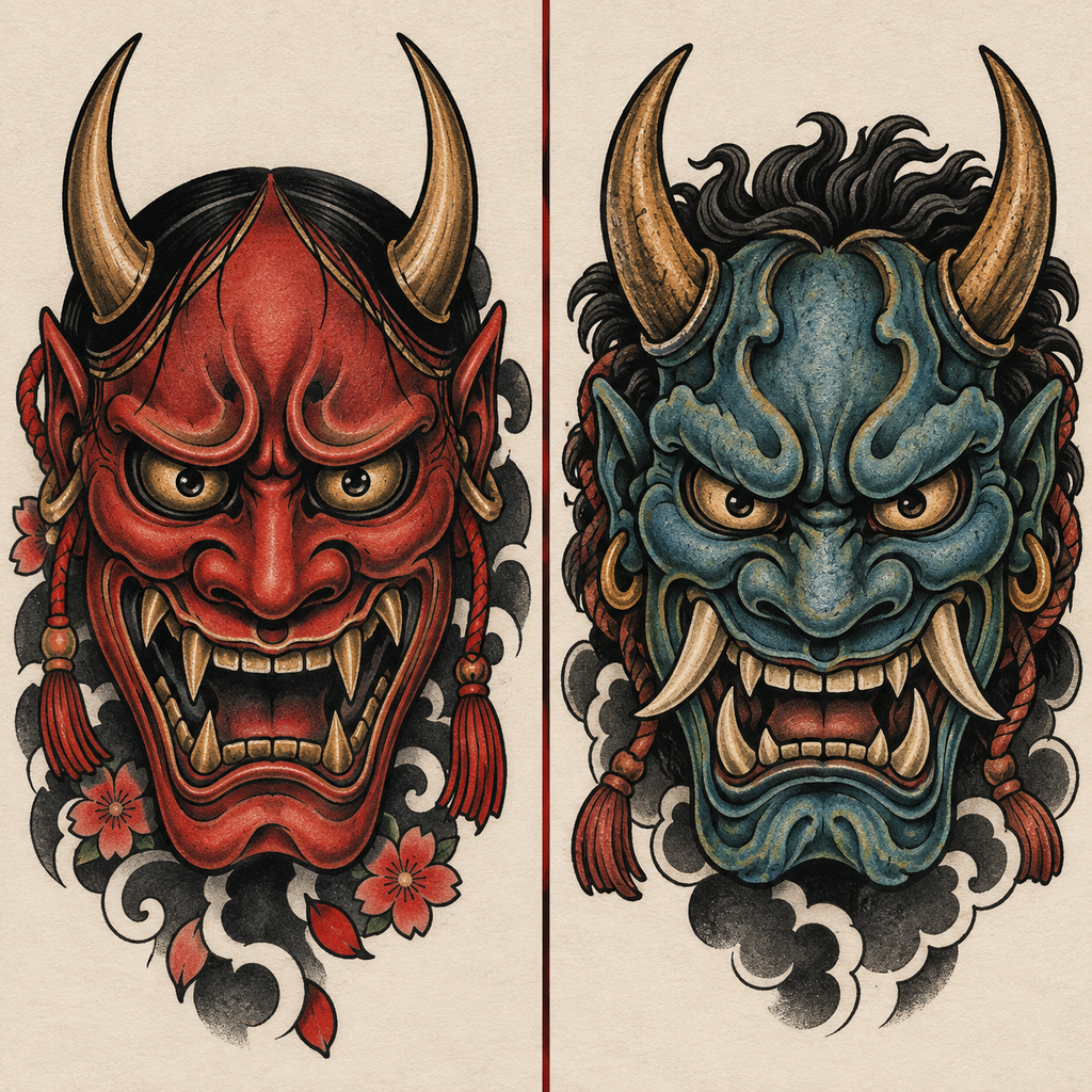 Side-by-side Hannya and Oni mask tattoo flash design comparison