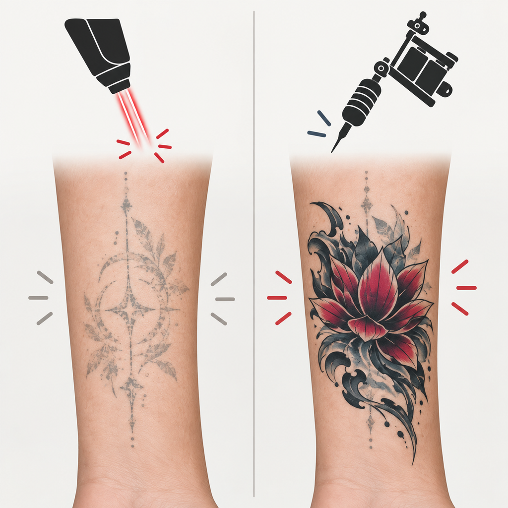 Side-by-side graphic comparing laser tattoo removal and cover-up as two options