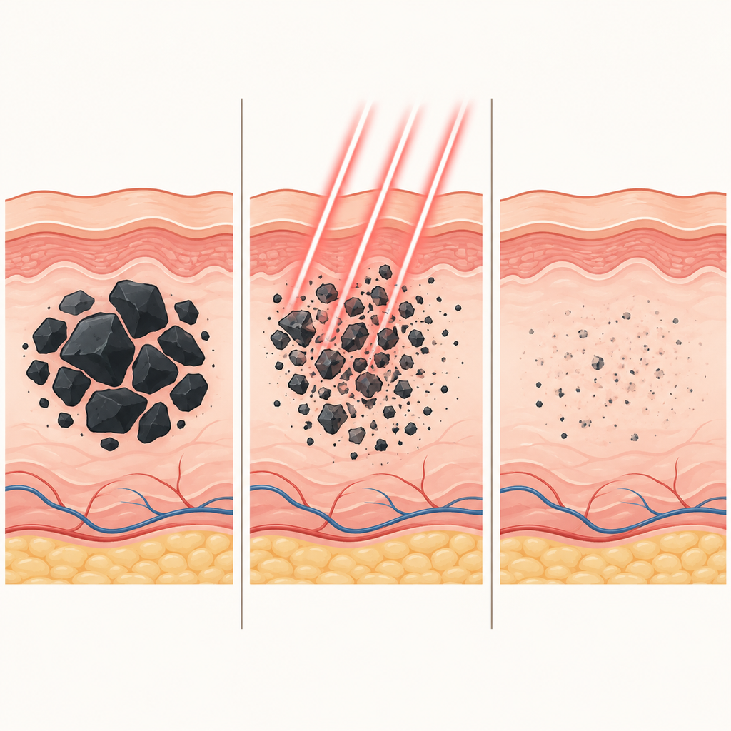 Simple diagram of how laser tattoo removal breaks down ink particles across sessions
