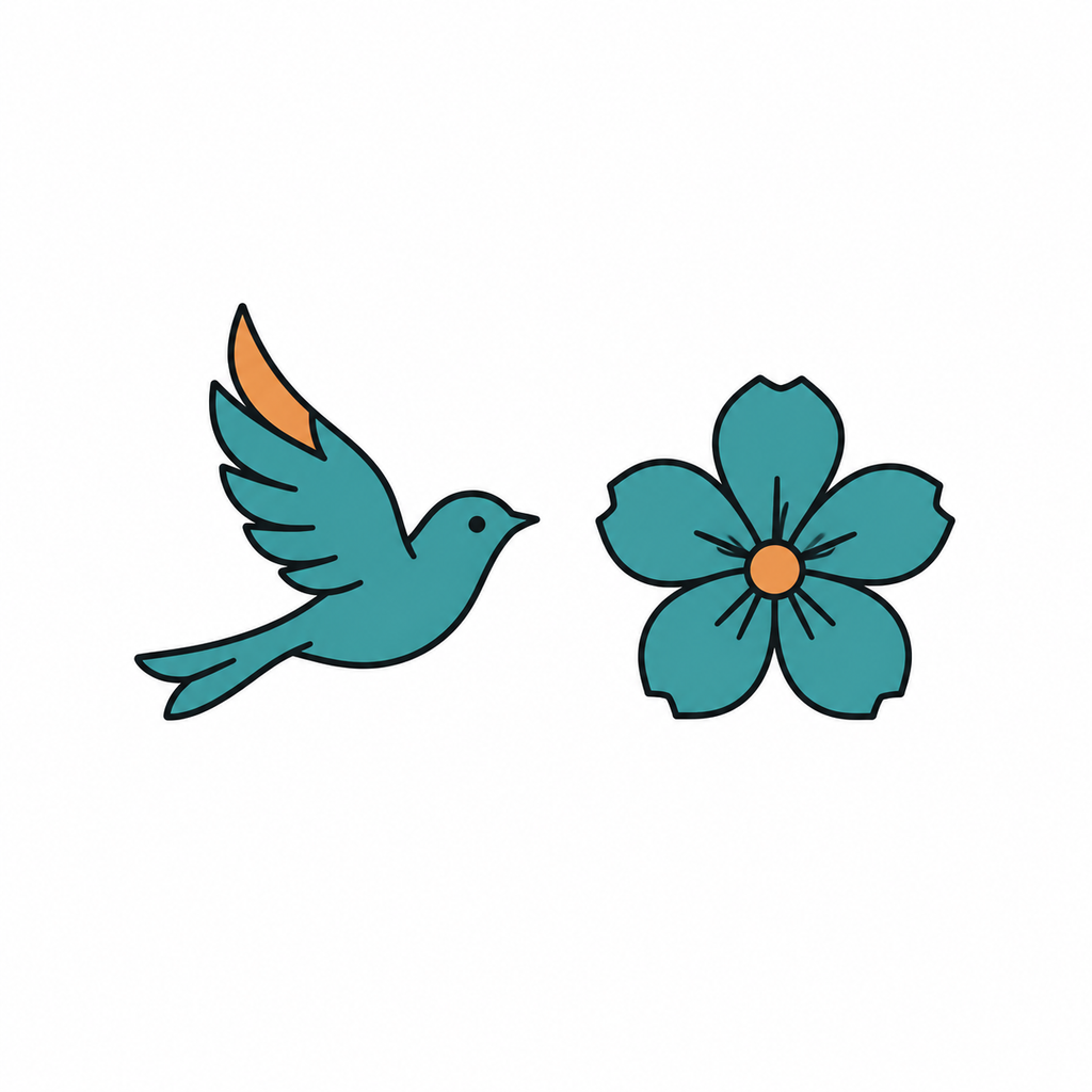 Tattoo flash design of a bird and flower matched through a shared teal and orange palette