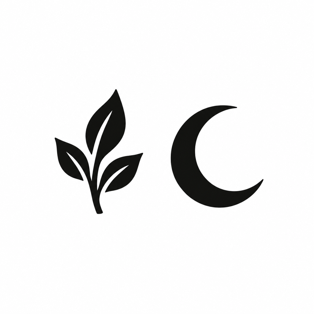 Tattoo flash design of a leaf and crescent moon matched through bold blackwork style