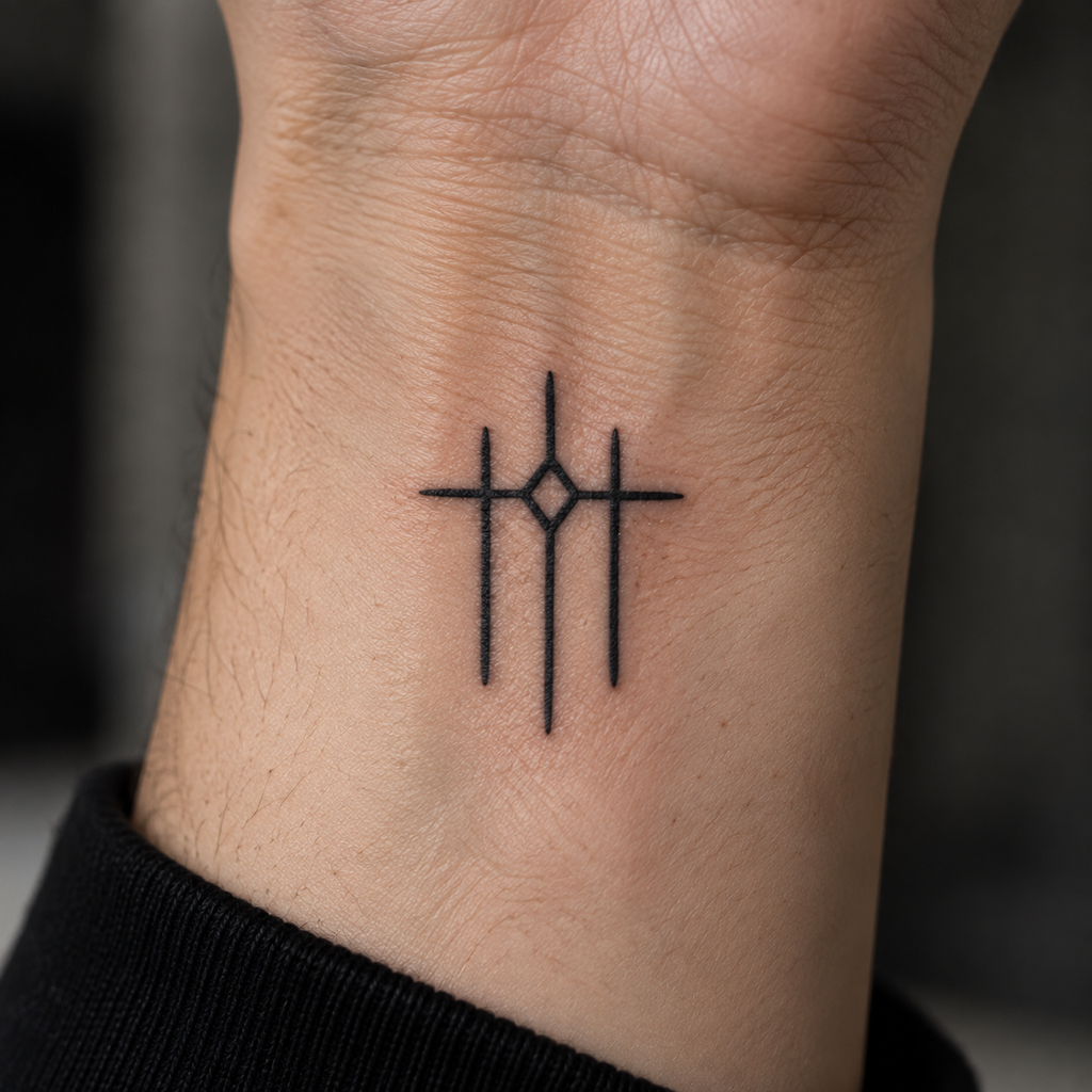 Minimalist geometric rune tattoo glyph on wrist, fine-line style