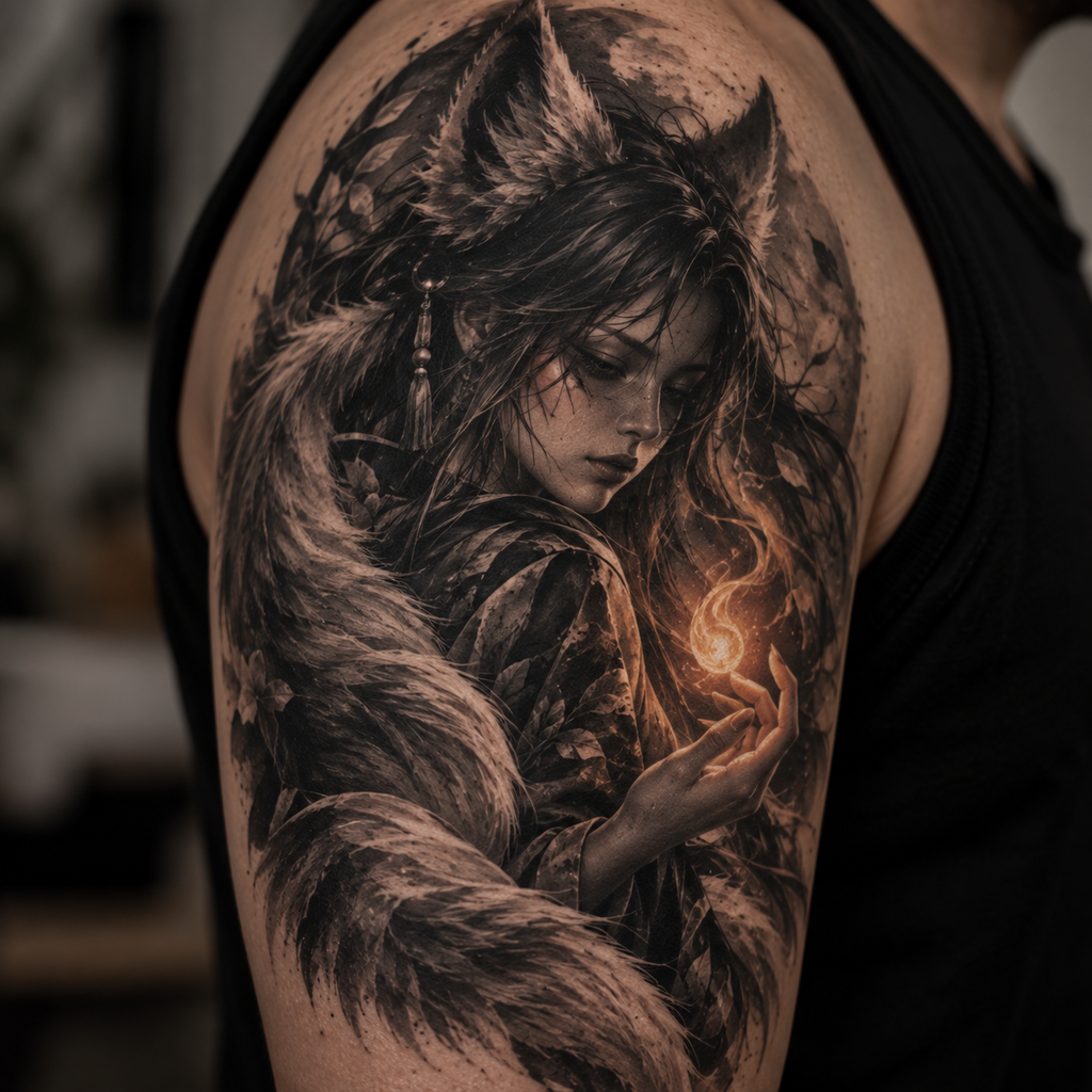 Realistic anime-style fox-spirit tattoo design with warm glow on an upper arm