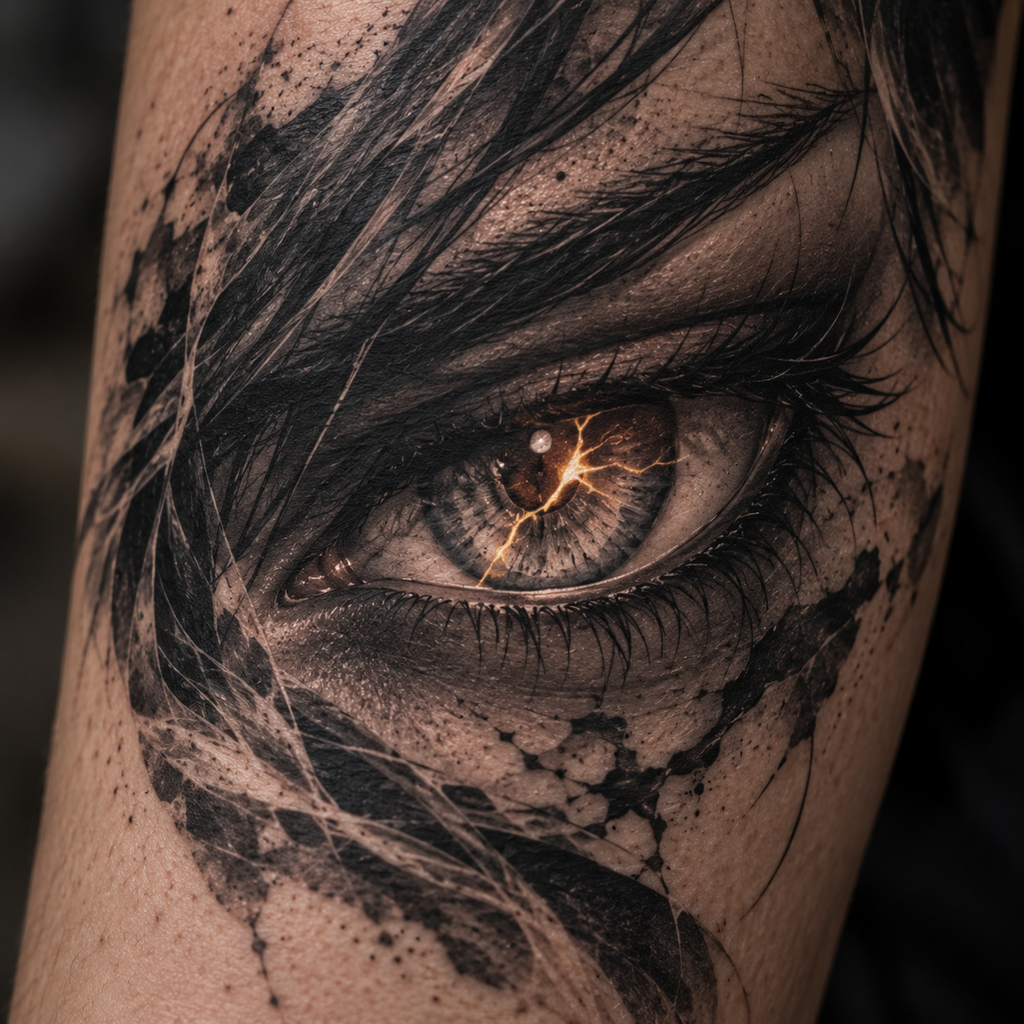 Close-up realistic anime-style supernatural eye tattoo detail