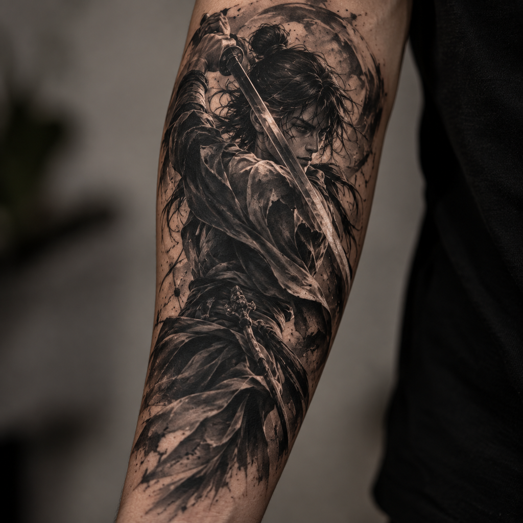 Realistic black-and-grey anime-style sword warrior tattoo on a forearm