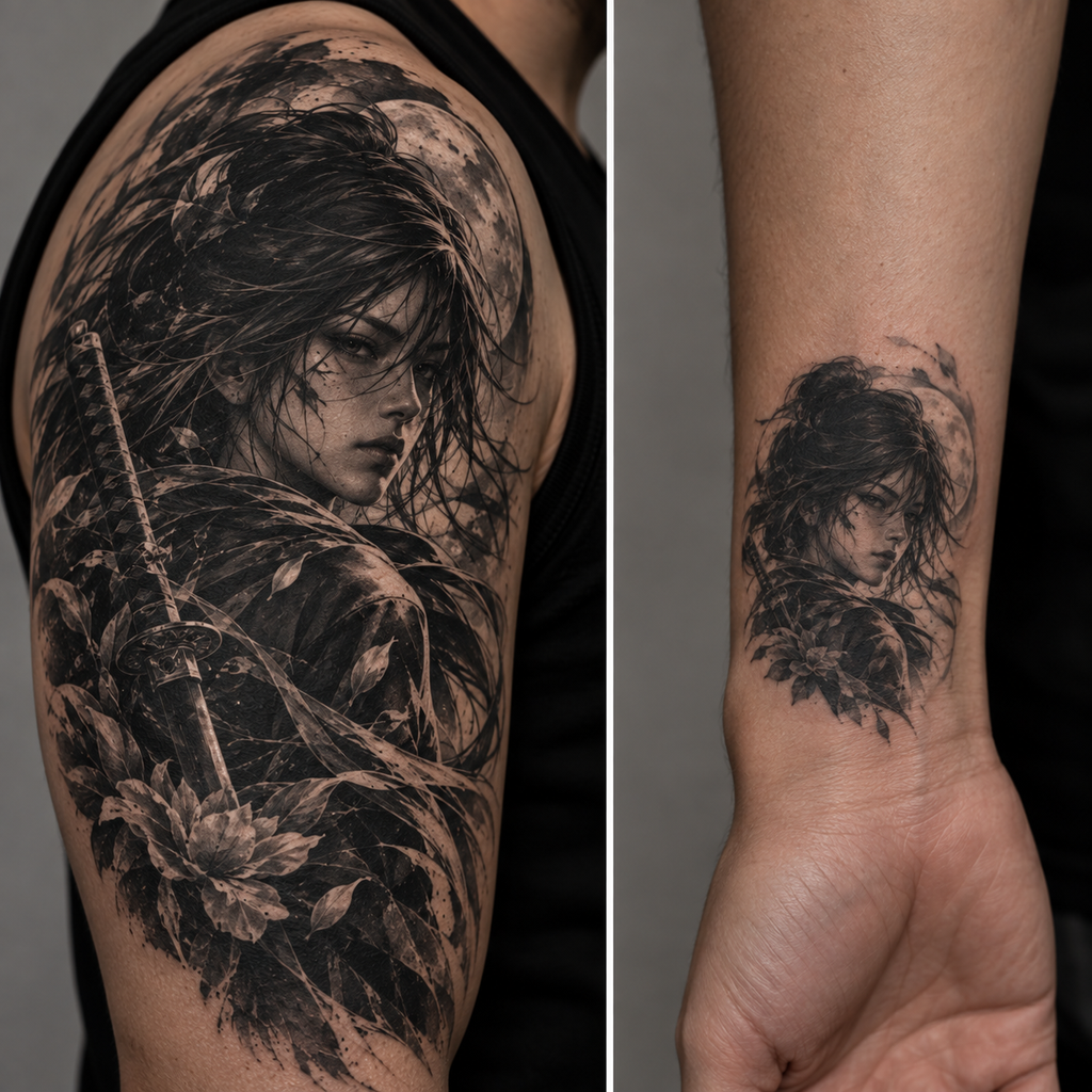 Comparison of realistic anime tattoo detail at large versus small scale