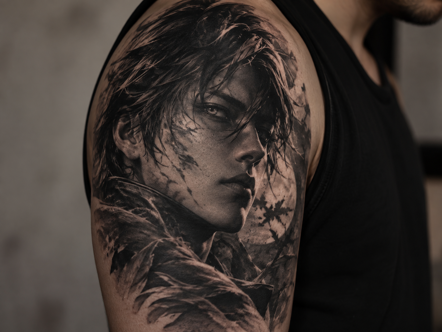Photorealistic anime-style tattoo portrait with cinematic lighting on a shoulder