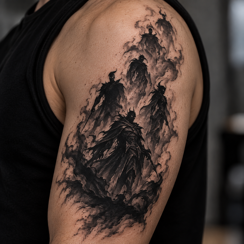 Shadow-army silhouette tattoo composition rising from black shading, upper arm