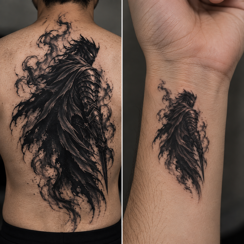 Large versus small scale comparison of a shadow-style tattoo design