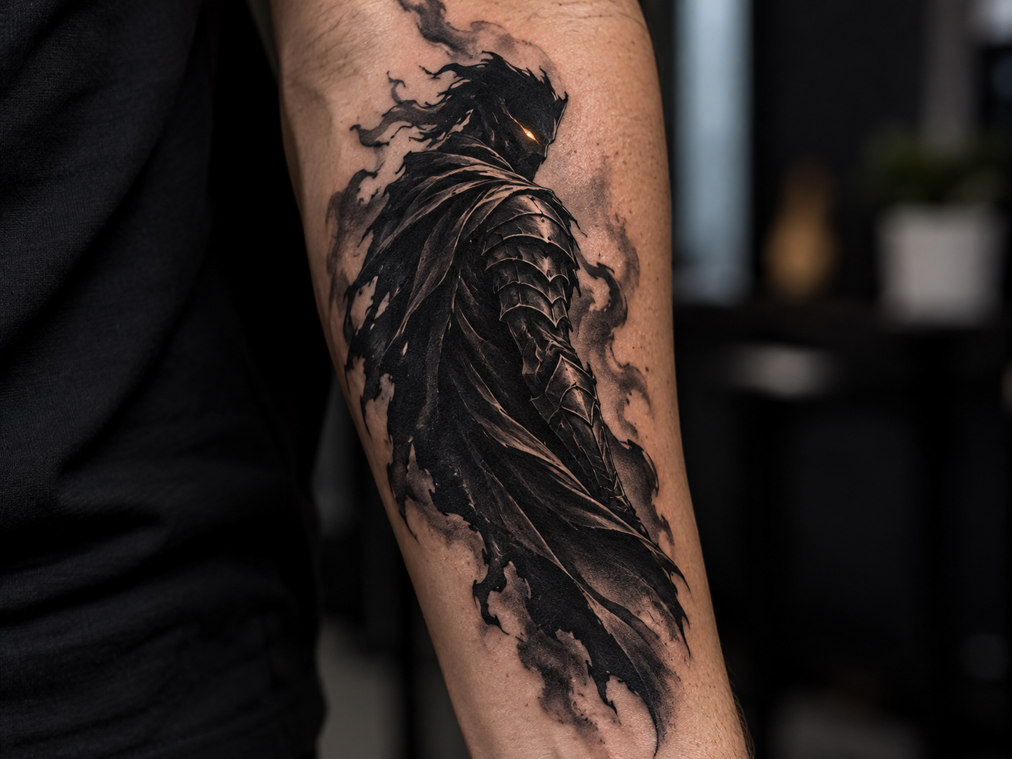 Original shadow-and-armor tattoo design with a glowing eye accent, forearm placement