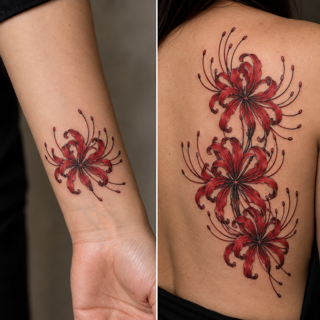 Small wrist spider lily tattoo next to a larger back placement for size comparison