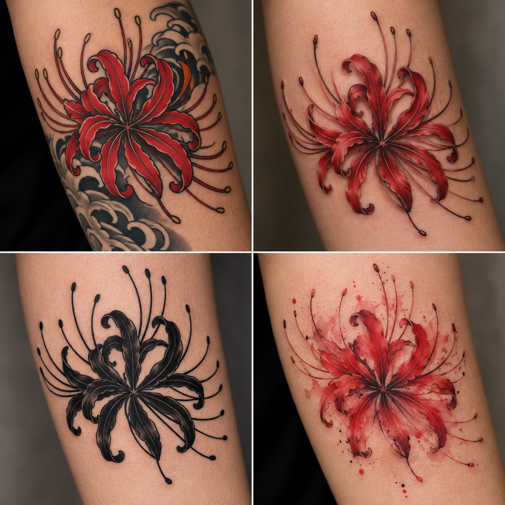 Four tattoo styles compared: irezumi, realism, blackwork, and watercolor spider lily designs