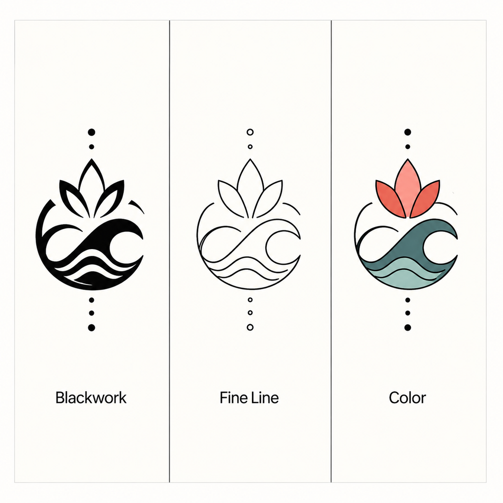 Three-panel comparison of blackwork, fine line, and color anime tattoo styles side by side.