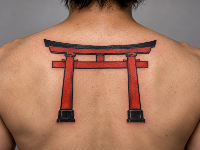 Traditional vermilion torii gate tattoo in bold irezumi style on a person's upper back