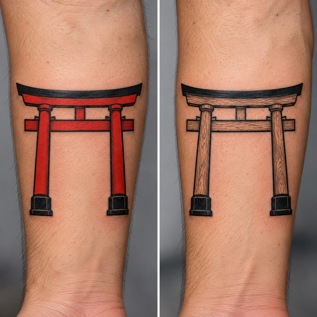 Side-by-side comparison of a vermilion torii gate tattoo and an unpainted-wood torii gate tattoo